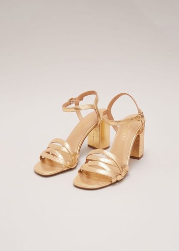 Phase Eight Gold Leather Crossover Block Heels Gold Australia | BX3487529